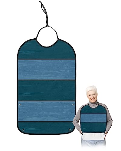 Blue Wood Adult Bibs for Eating, Waterproof Bibs with Food Catcher & Adjustable Snap Closure, Farmhouse Retro Wooden Grain Striped Washable Clothing Protectors Adult Bibs for Elderly Women/Men