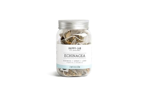 HAPPY-LAB ECHINACEA. Infusión de equinacea, limón y jengibre digestivo, analgésico, contra dolor de garganta, congestión y resfriado naturalmente sin teína - Bote con 14 pirámides biodegradables