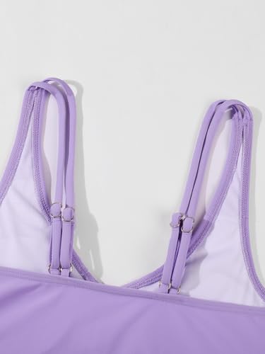 Girls Swimsuit 2 Piece Tropical Floral Twist Cross Swimwear High Waisted Bikini Set Teen Solid Color Bathing Suit 9-16T3