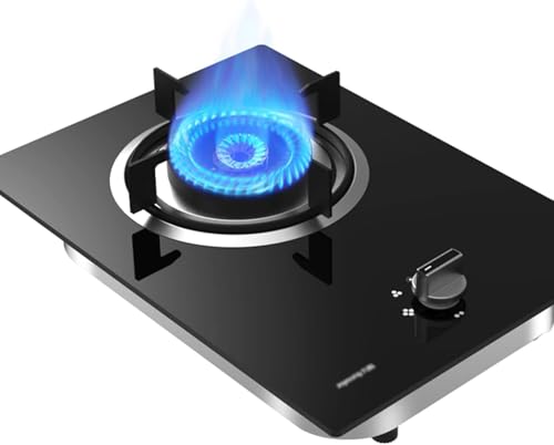 Fornello A Gas 20CM, Fornello A Gas A Porta Singola, Fornello A Fuoco Feroce da 4,8 kW Padella Incorporata con Anello per Fuoco A Gas, Piano Cottura in Vetro Temperato Nero con Protezione da