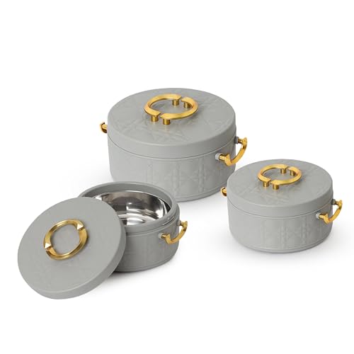 Image of CELLO Ornetto Big Set of 3 Pcs Insulated Steel Casserole Hot Box for Kitchen, Grey (1500ml, 2000ml, 2500ml) | Airtight Hot Pot Case Keeps Food Hot & Warm, Casserole Set for Roti Chapati Rice Biryani