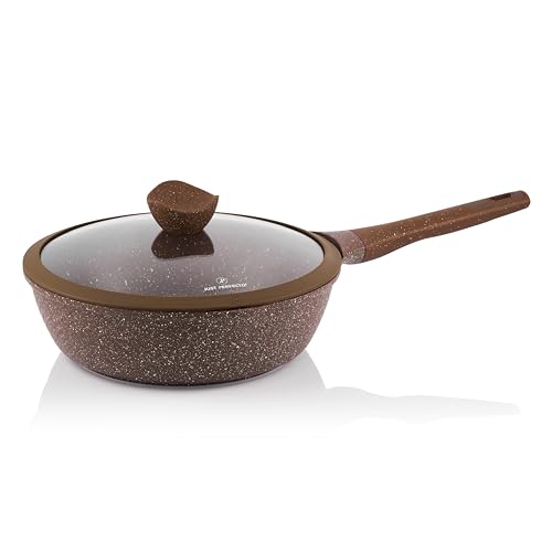 JUST PERFECTO Sarten Honda Antiadherente de 28 cm – Wok Induccion con Tapa de Vidrio – Sartenes Antiadherentes Apta Para Todo Tipo de Cocina, Frying Pan Piedra Aluminio Fundido, Sartenes sin Toxicos