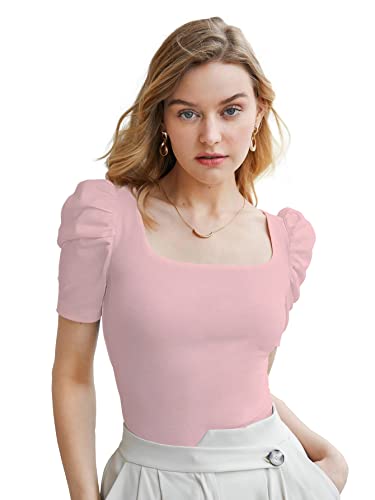 Image of Shasmi Women's & Girl's Polyester Pleated High Neck Short Puff Sleeve Ruched Bust Solid Regular Fit Top