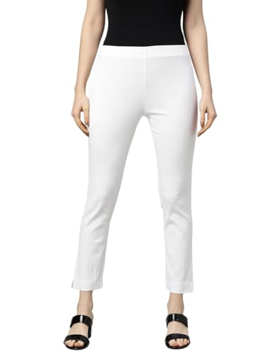 Image of MINELLI Women Solid Cigar Pants, Cotton Lycra Slub Fabric, Elasticated Waistband, Pull On Style, Regular Fit Bottom Wear for Western and Ethnic Wear