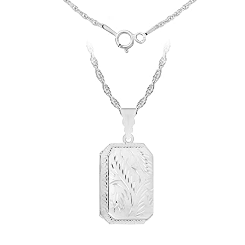 Tuscany Silver Women's Sterling Silver Large Rectangle Engraved Locket Pendant and Rope Chain of 56cm/22