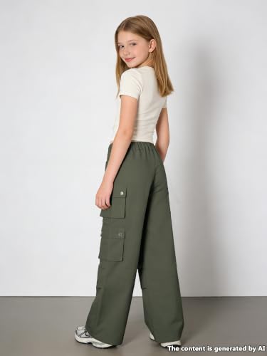 Image of SANGTREE Girls Wide Leg Cargo Pants Multi Pocket,6-14 Years | Cotton High Waist Baggy Trousers with Pockets Teen Y2K Streetwear School Pants| Back-to-school,Outdoor Play