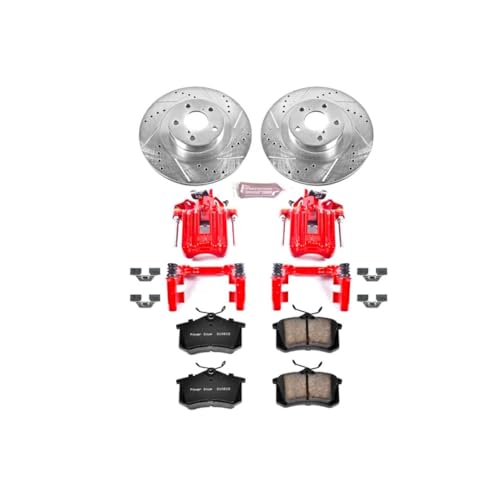 Image of PowerStop Rear Brake & Caliper Kit for Volkswagen Jetta 2001-05 - Carbon-Fiber Ceramic Brake Pads + Drilled & Slotted Rotors + Red Powder Coated Calipers, KC847