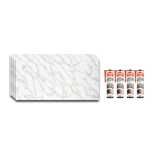 IZODEKOR Marble Look Wall Cladding - 4 Pcs 120x60cm - Alternative to Bathroom Tile, Shower Wall Panels, with 4X Adhesives Sealant | Calacada