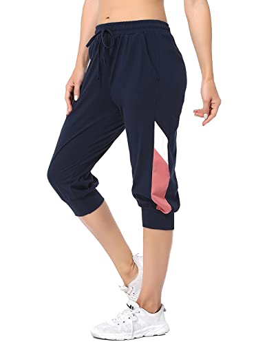 Marvmys Pantalon de Sport Femme Pantacourt Femme Coton 3/4 Pantalon de Jogging Bas de Survêtement Pants avec Bloc Couleur avec Poches Pantalon pour Running Fitness Training Yoga Bleu Marine L