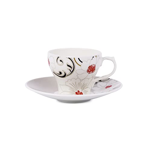 Image of Dandy Lines Liza White Tea Cups, Plain Solid, Luxury Tea Cup and Saucer Set, Ideal for Tea Time, Ceramic, Pack of 12, Microwave & Dishwasher Safe, Great for Hosting & Gifting