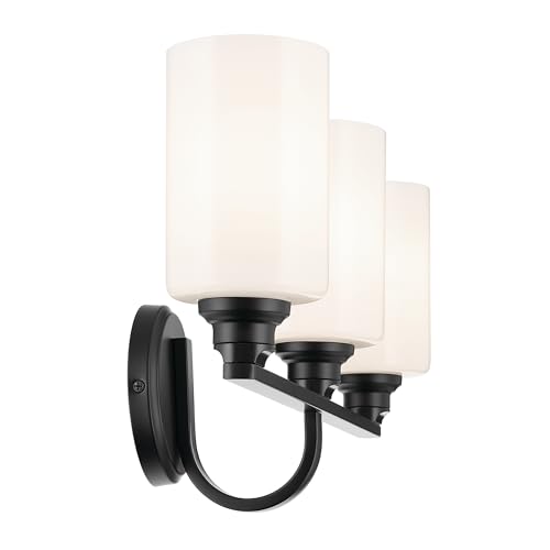Image of Kichler Gioe 24.25 in 3-Light Bathroom Vanity Light Fixture with Opal Glass in Black, Modern Wall Mount Over Mirror for Powder Room, Damp Rated (24.25 in W x 10.5 in H), 55226BK
