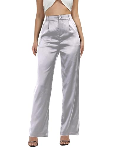 heipeiwa Women's Wide Leg Wedding Party Satin Casual Dress Nightout Pants Long Trouser