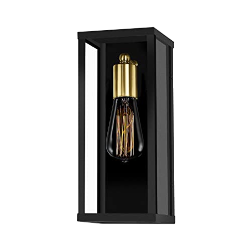 Akezon 1-Light Outdoor Wall Sconce, Exterior Porch Light Wall Mount Lantern, Matte Black & Brushed Brass Finish With Clear Glass, Kw-7224 #TOP16