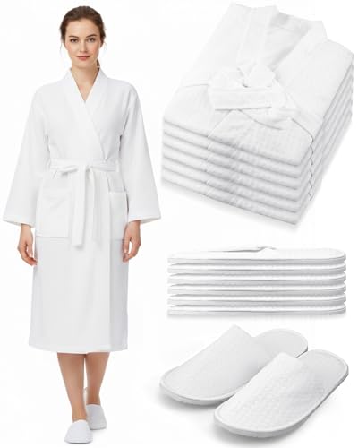 Image of Jecery Waffle Bathrobe and Slippers Bulk Set Spa Robes Hotel Bath Lightweight Thin Commercial Soft for House Shower Party
