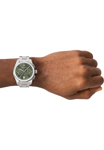 Image of Emporio Armani Watch for Men, Quartz 2 sub dial Chronograph Movement and 43mm Case Size with Stainless Steel Strap, Forest Green, 43MM, Bracelet