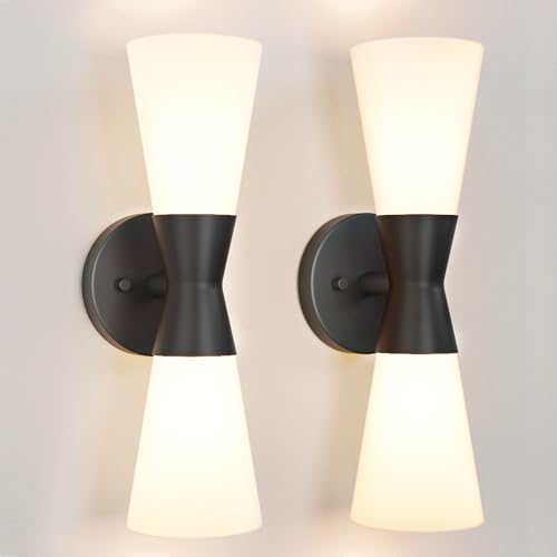 Image of Wall Sconces Set of 2 for Bathroom, Modern Indoor Vanity Light Fixtures 15 inch, Up Down Lighting, Wall Mount Lamp for Living Room Bedroom Hallway Stairway Fireplace Mirror E26 Base 2PC White&Black
