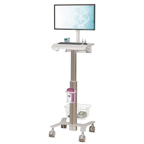 Mount Plus MB-C10 Medical Trolley Cart For Monitor Desktop With Keyboard Table, Basket, Wipe Holder, Scanner Holder For Hospital Clinic Dental Office Home Office | Height Adjustable Mobile Workstation