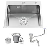Lavello Cucina 1 Vasca, 50 x 45 cm, Bokaiya Lavello in Acciaio Inox 304, Lavandino Cucina Multifunzione con 2 Fori, Lavello da Incasso a 1 Vasca con Filtro di Scarico, Spazzolato, Filotop o Sottotop