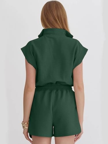 Image of Rompers for Women Summer Short Sleeve Half Zip Lapel Collar Jumpsuit Casual Drawstring One Piece Outfits with Pockets