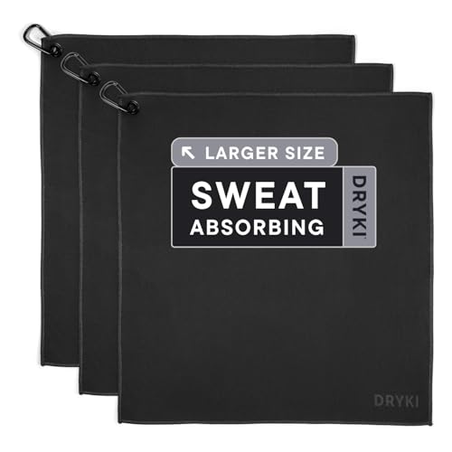 Image of DRYKI Sweat Absorbing Handkerchiefs - The Original Pocket-Sized Sweat Towels - Quick-Dry Microfiber Sweat Rags for Face, Hands, & Body - Men & Women - Gym and Work (Black: Large Size, 3 Pack)