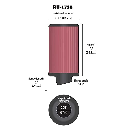 Image of K&N High-Flow Original Lifetime Universal Clamp-On Air Filter:High Performance,Premium,Washable:Flange Diameter:2.25In, Filter Height: 6 In, Flange Length: 1 In, Shape: Round,RU-1720 (Pack of 6)
