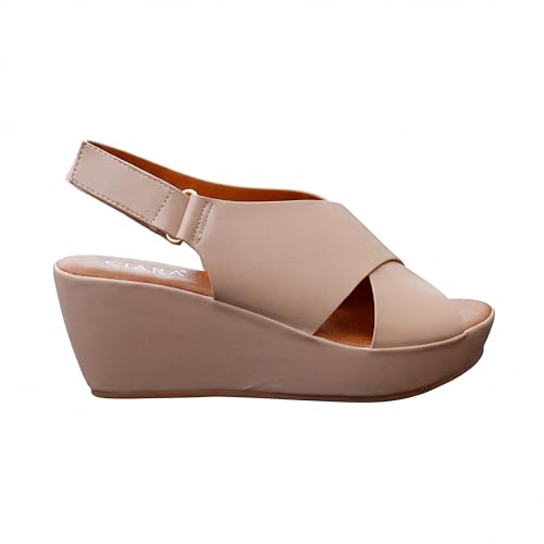 CIARA LONDON Ladies Slip On Mid Heel Wedge Casual Summer Sandals, Hook & Loop, Slingback, Open Toe, Nude UK 6