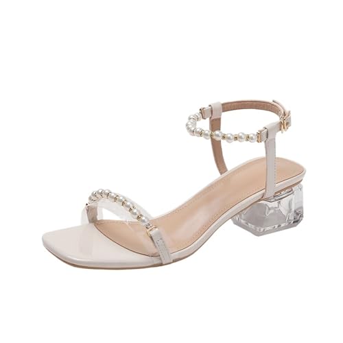 Womens Sandals Transparent pearl square toe sandals for women fashionable outdoor thick heel fairy style high heel sandals