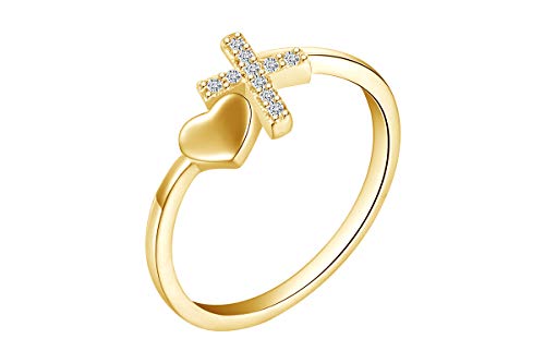 AFFY Round Sparkling White Cubic Zirconia Cross Heart Bypass Promise Ring 14k Gold Over Sterling Silver for Women