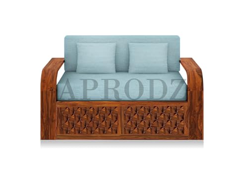 Image of APRODZ Geometric Solid Sheesham Wood Sofa Cum Bed 2 Seater Velevt Fabric with Blue Upholstery & Cushion Perfect Sofa Furniture for Home Living Office Room and Guests (Honey Finish 75x51x30-Inch)