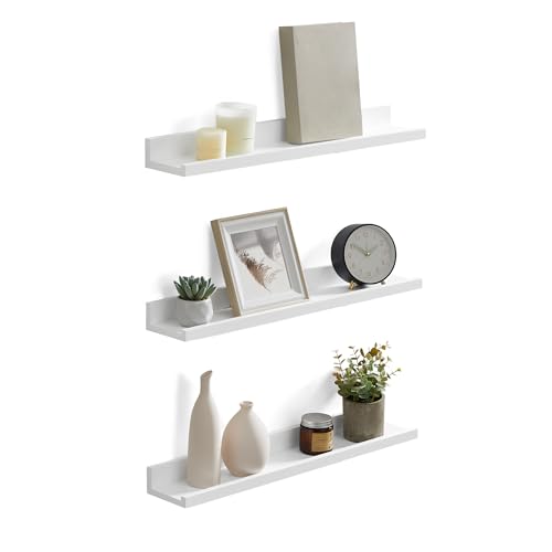 SONGMICS Floating Shelves, Set of 3 Wall Shelves, 23.6-Inch Wide, for Photo Frames and Trinkets, for Living Room, Home Office, Kitchen, Bathroom, White ULWS061W01 23.6"W White
