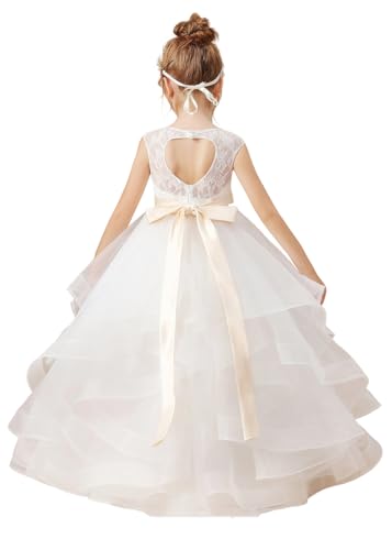 Lace Flower Girl Dress for Wedding Tulle Floor-Length Pageant First Communion Dress Girls Ball Gown Bow Knot