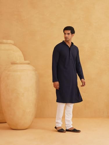 Sojanya (Since 1958 Men's Cotton Embroidered Thread Work Navy Kurta With White Churidar Pyjama
