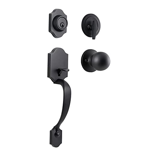 NeuType Juego de manijas de puerta delantera con cerradura de cerrojo de seguridad para puerta de entrada de puerta, conjunto de manijas de cilindro único, mango curvado, pomo redondo, negro Cover