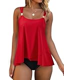 RXRXCOCO Women Tankini Bathing Suits Ruffle High Waisted Swimsuit Plus Size Tummy Control Swimwear Red Large