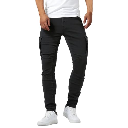 Men's Denim Jeans Mid Waist Stretch Jeans Skinny Distressed Pants Slim Fit Straight Leg Athletic Pants with Pockets