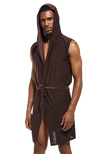 Mendove Men's Silky Sexy Sleeveless Summer Robe Hooded Bathrobe3
