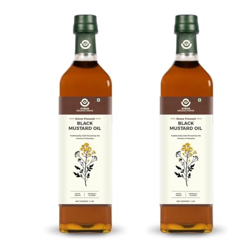 Image of Gyros Farm Stone Cold Pressed Black Mustard Oil 1Litre /Chemical Free /Kacchi Ghani /Chekku /Sarso Tel /Good for Heart /Cholesterol Free /100+ Lab-Tested Quality (Pack of 2)