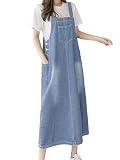 ebossy Women's Patchwork Denim Bib Overall Casual Button Jean Maxi Long Pinafore Dress With Pocket (light blue, XL)