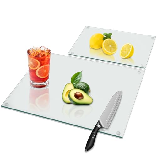 xoermioy Tempered Glass Cutting Board for Kitchen Counter, Clear Cutting Board with Rubber feet, Glass Cutting Boards Set, Non-slip Heat-Resistant, Shatter and Scratch Resistant, Easy to Clean
