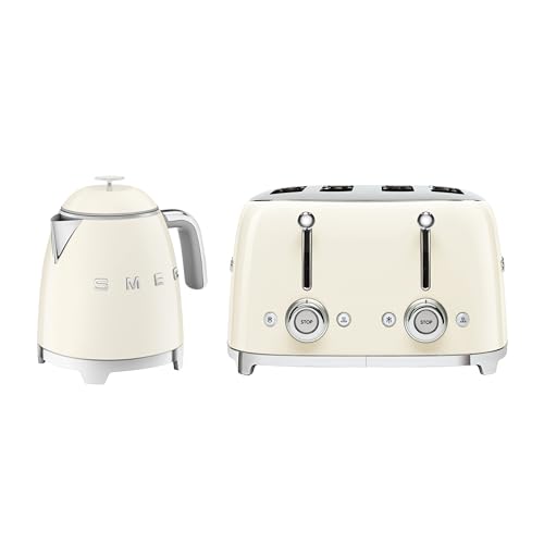 Smeg 50’s Style Retro Range Breakfast Set, 0.8L 1400W Mini Kettle and Multi-Functional Control 4-Slice 2000W Toaster, Cream, KLF05CRUK/ TSF03CRUK