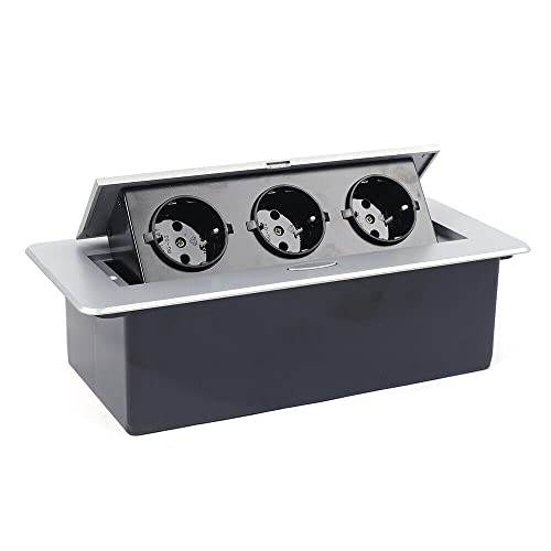 Enchufe empotrado retráctil con 3 enchufes Schuko para encimera, como enchufe de mesa o enchufe de suelo para cocina, oficina, disposición de las ranuras que ahorra espacio Cover