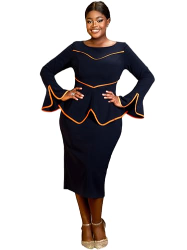 AOMEI Women's Navy Colorblock Boat Neck Long Flared Sleeve Peplum Bodycon Midi Business Dress
