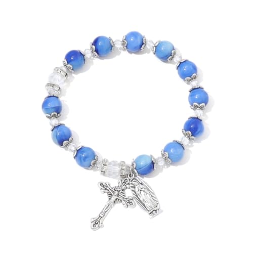 Komi Gemstone Beaded Stretch Bracelet 10Mm Round Beads Catholic Rosary Bracelet With Crucifix & Guadalupe Medal, Beads Bracelet For Women Catholic Religious Jewelry cover