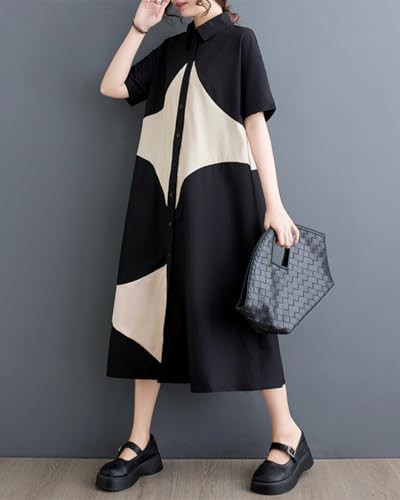ellazhu Women's Short Sleeves Color Block Midi Length Button Down Shirt Dress GZ191 A2