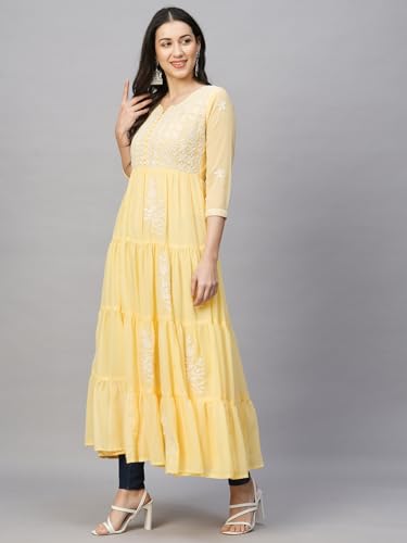 Image of RATAN Women's Solid Georgette Tiered Chikankari Flared Kurti Gown Maxi Dress
