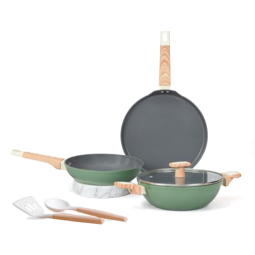 Image of Kreme Ceracook Ceramic Coated Granite 6 Pc Cookware Set, Frying Pan, Kadai, Tawa, 2X Spatulas, ISI Certified, Forged Aluminium, Gas & Induction, PFAS & PTFE Free, 1 Yr Warranty, Olive Green