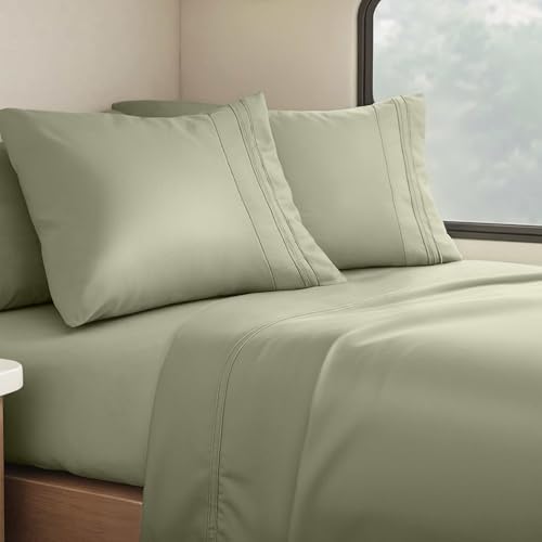 Clara Clark Bed Sheets Premier 1800 Series 4 Piece RV Queen Sheet Set Luxury Soft Sheets for RV Bunks Short Queen - Sage Green