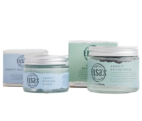 Elsa's Organic Skin Foods – Sérum natural restaurador de axilas y máscara de desintoxicación – Carbón activado y jabón negro africano – 2% de ácido salicílico BHA – Hidratación y potenciación de la