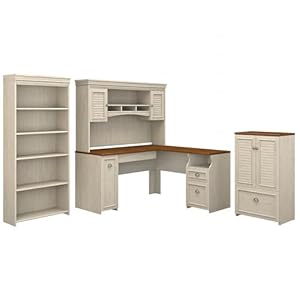 Bush Furniture Fairview L Shaped Desk with Hutch, 5 Shelf Bookcase and Storage, 60W, Antique White