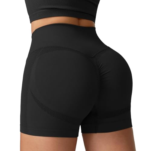 Getervb Pantaloncini Palestra Donna Push Up Leggins Corti Donna Vita Alta Shorts Sportivi Senza Cuciture per Yoga Fitness Allenamento Jogging Nero Scuro S